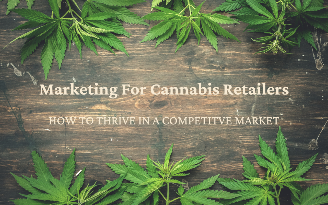 A wooden table with freshly picked cannabis leaves, symbolizing growth and success in the cannabis industry, paired with the text: Marketing for Cannabis Retailers.