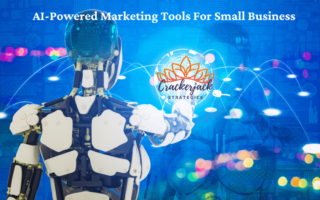 Robot using AI-powered marketing tools with digital marketing and automation icons.